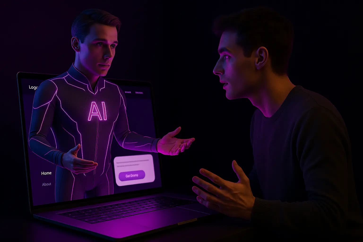 AI avatar interacting with a user from a laptop screen